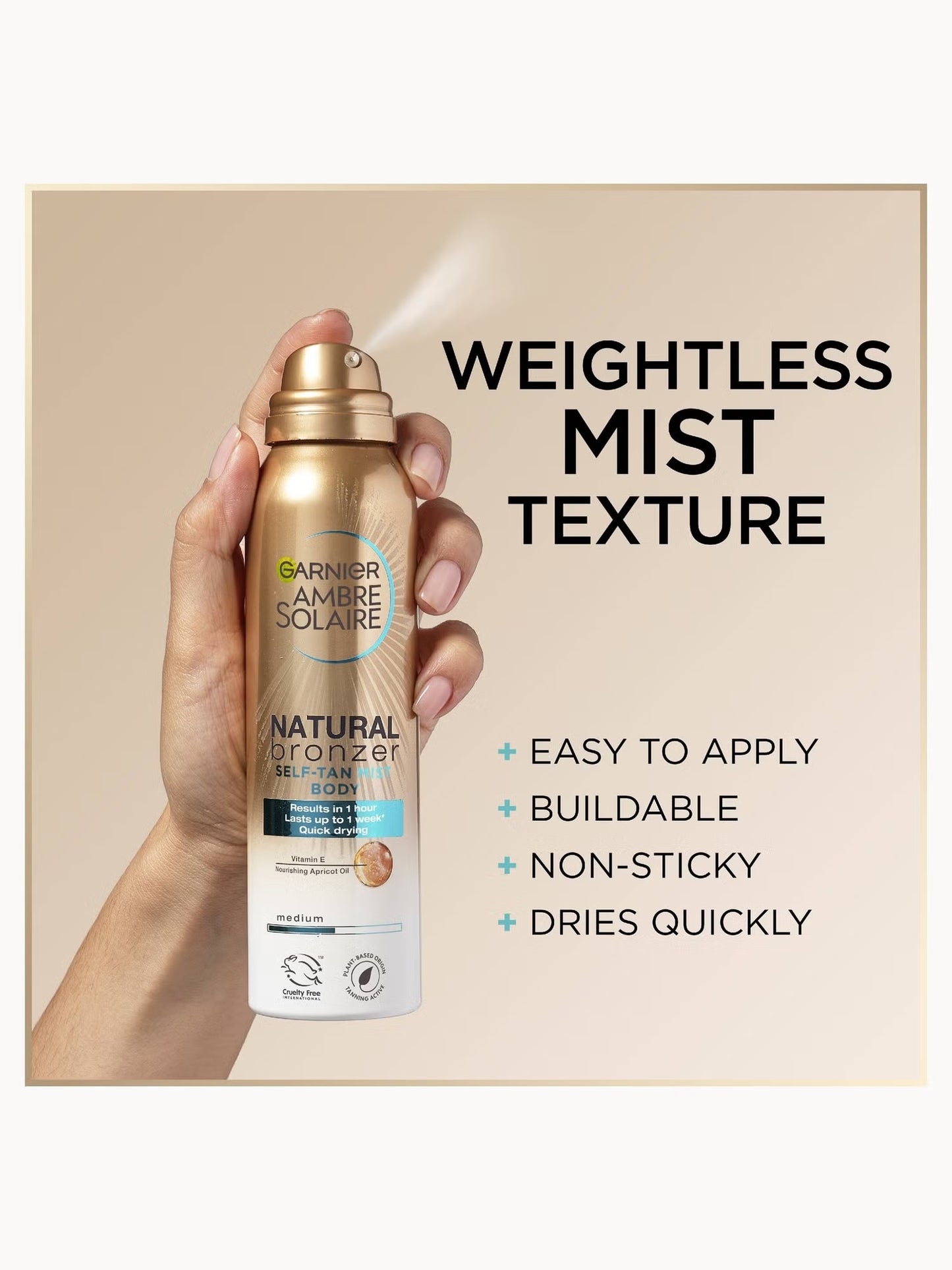 Garnier Ambre Solaire Natural Bronzer Quick Drying Body Self Tan Mist Medium - 150ml