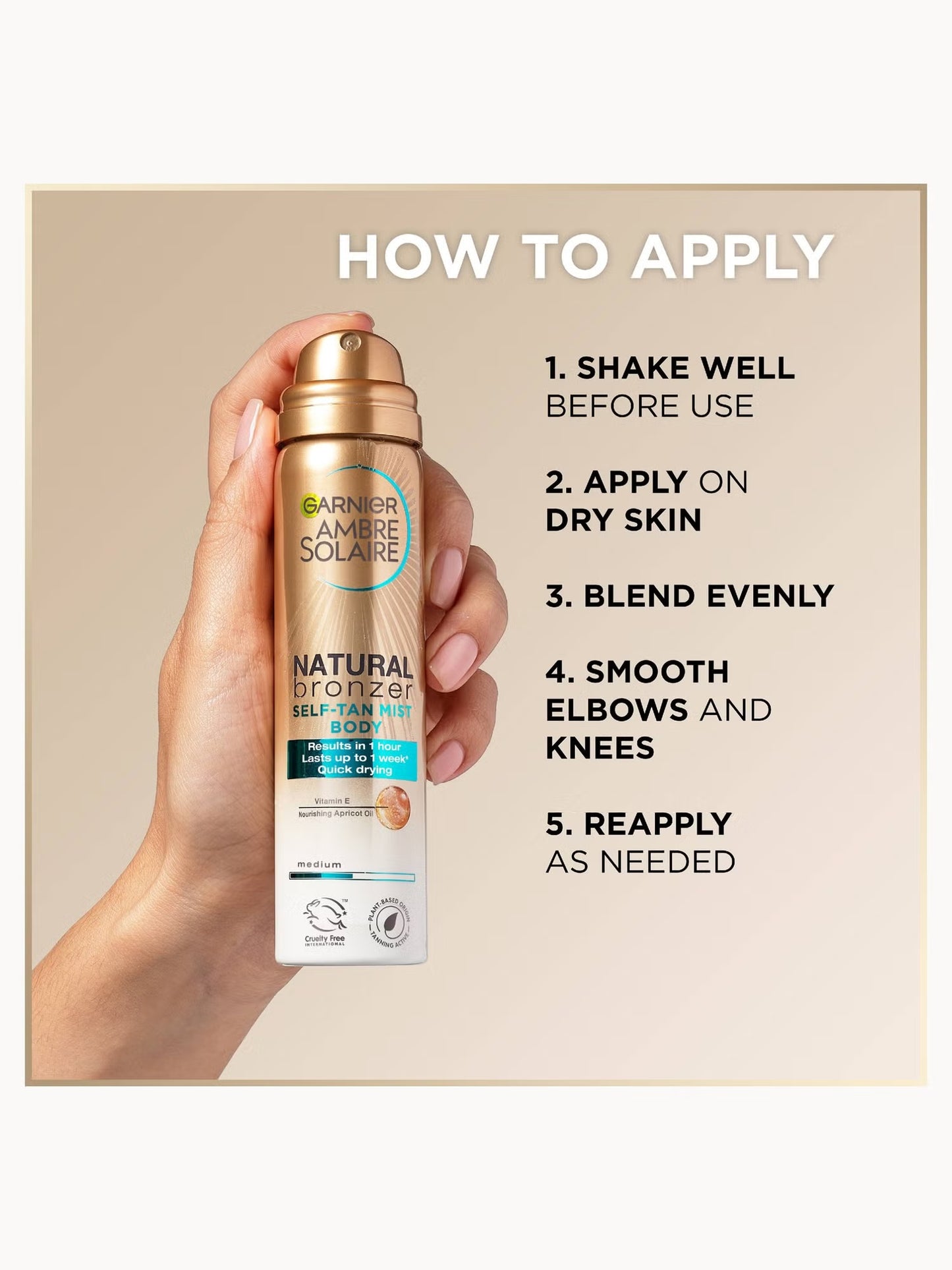 Garnier Ambre Solaire Natural Bronzer Quick Drying Body Self Tan Mist Medium - 150ml