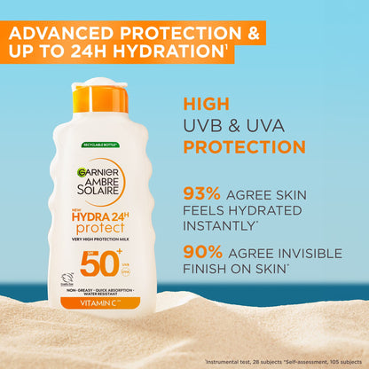 Garnier Ambre Solaire SPF 50+ Hydra 24 Hour Hydrating Sun Cream Lotion With Vitamin C - 175ml